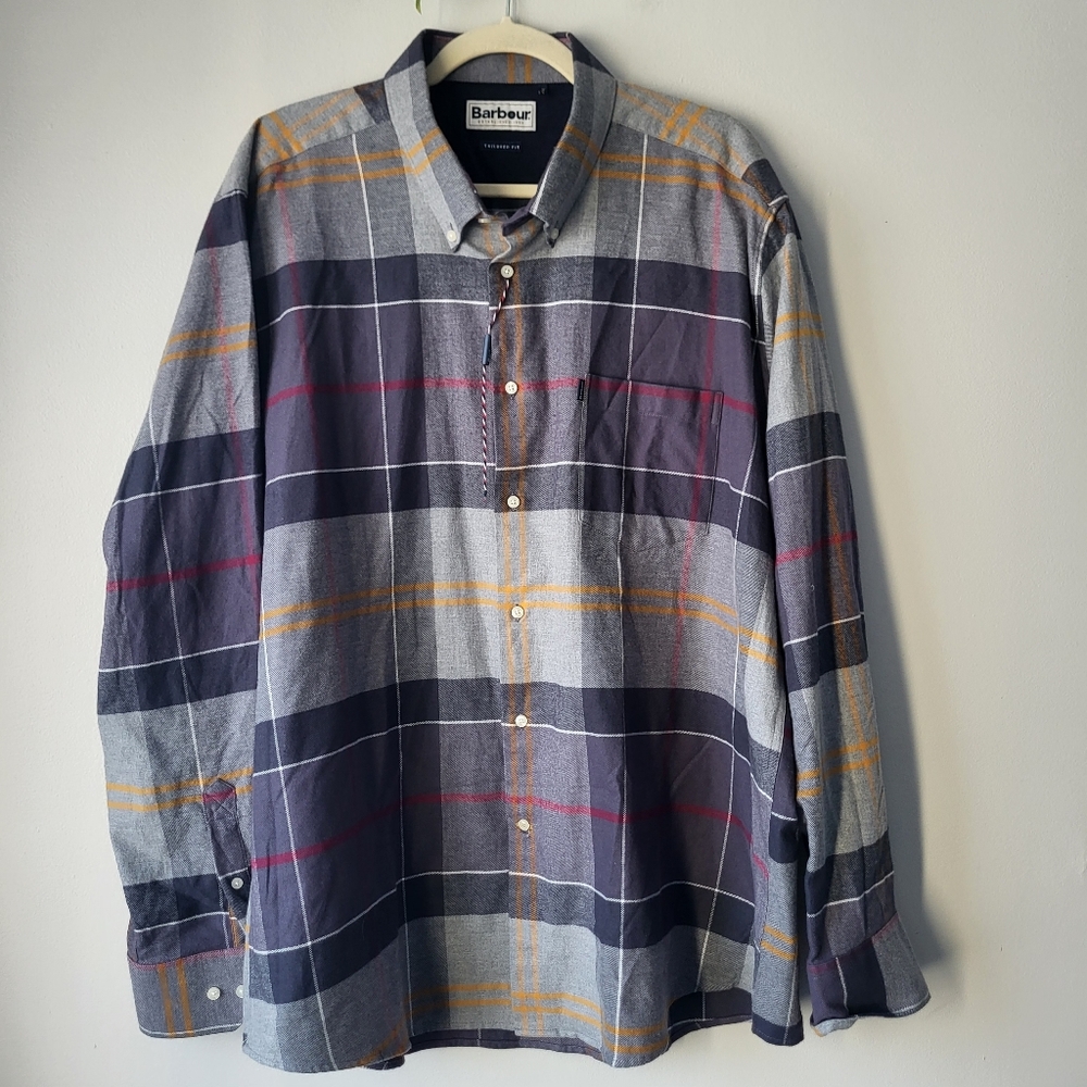 Barbour Men's Gray and Blue Plaid Shirt